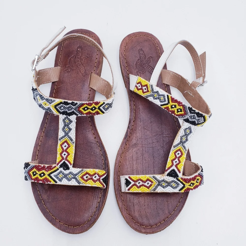 Freebird By Steven Juno Flat‎ Sandal Beaded TStrap Slingback Womens Size 39 8.5